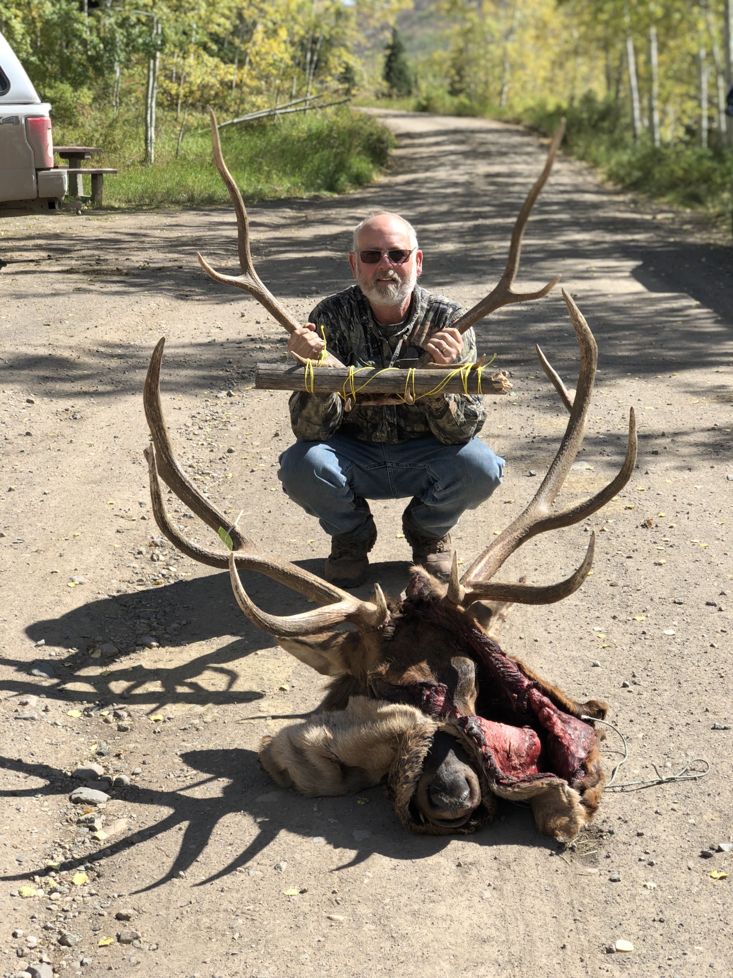 A man crouching on a dirt road holding antlers in front of a dead elk with blood on its head, in a forested area with trees and a parked vehicle in the background.