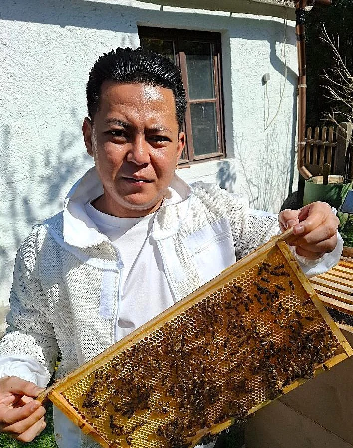 Ein Mann hält ein Bienennest mit ausbauenden Bienen, draußen in der Sonne, vor einem weißen Haus.