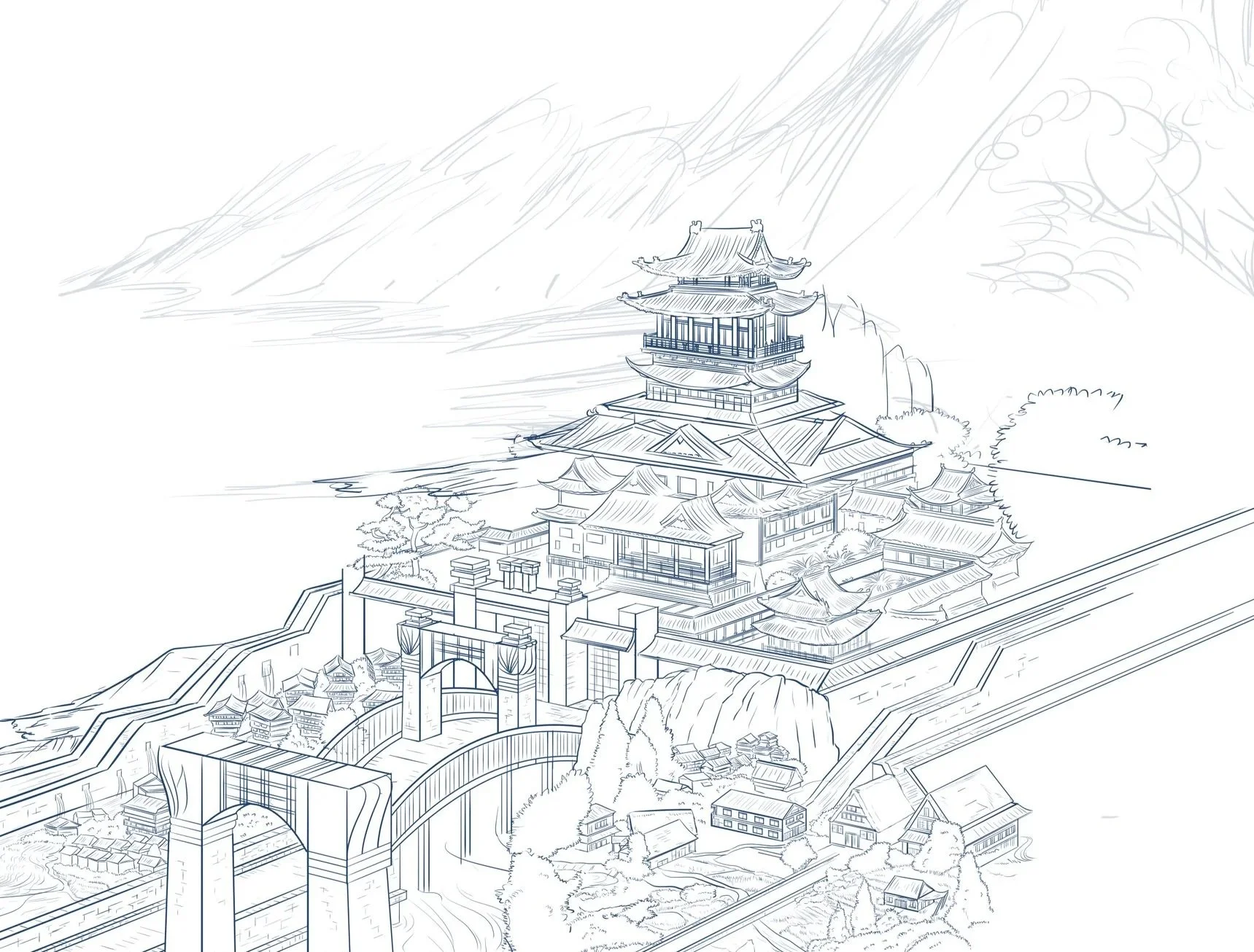 In-progress illustration for establishing shot spread of the Prince and Princess home nations