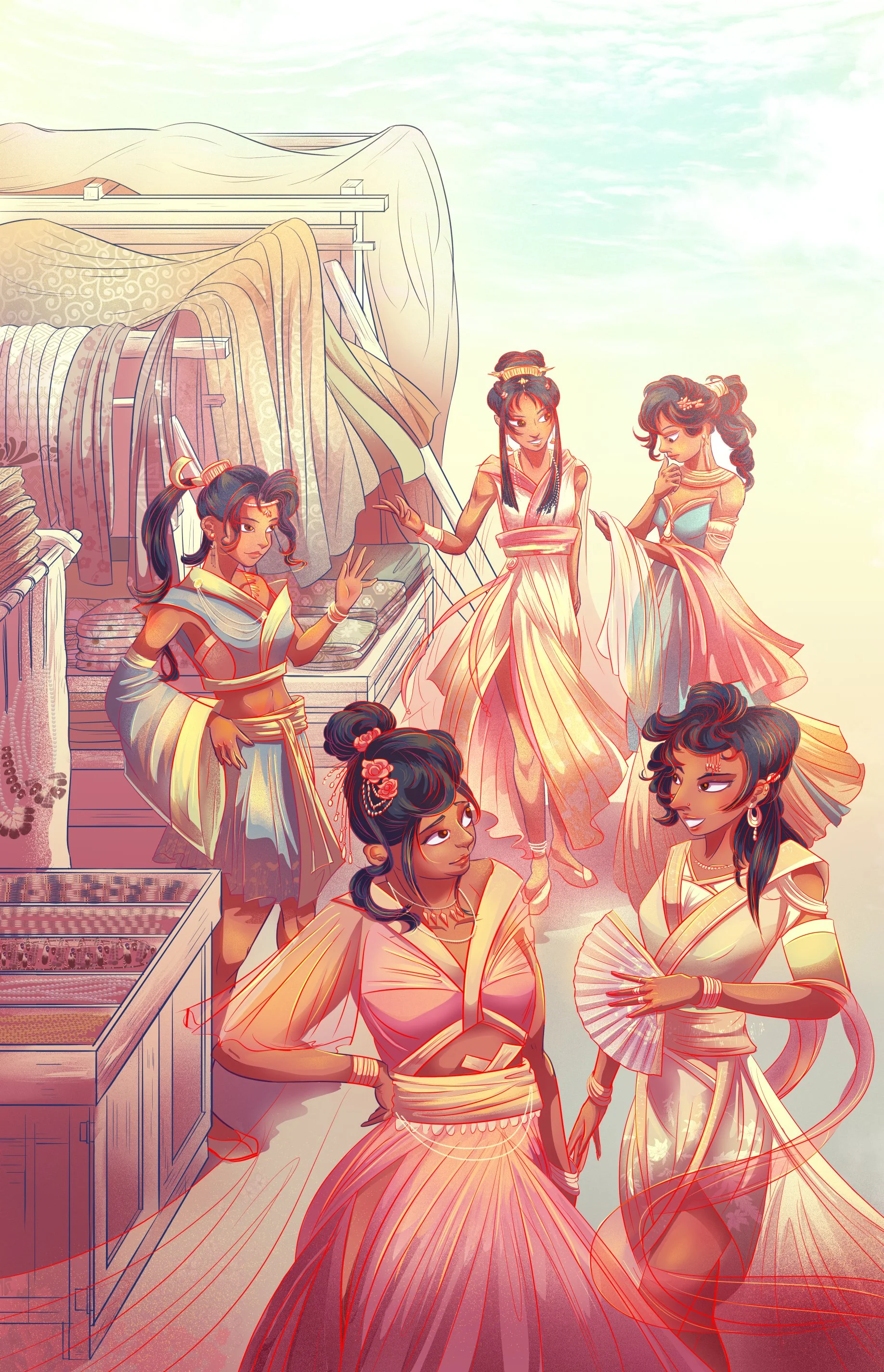 Opening Illustration 1
Women from the Prince's nation to cement how the societal expectations for what women look like in this story's world reflect  our own