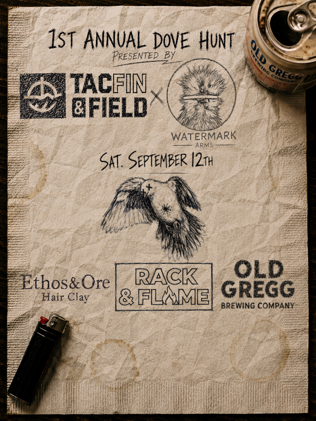 Event flyer for the 1st Annual Dove Hunt presented by Tacfin & Field, scheduled for Saturday, September 12th. The flyer features hand-drawn illustrations of a watermarked armless bird, a dog with wings, and a can of Old Gregg beer. It also includes logos for Ethos & ORE Hair Clay, and Rack & Flame Brewing Company.