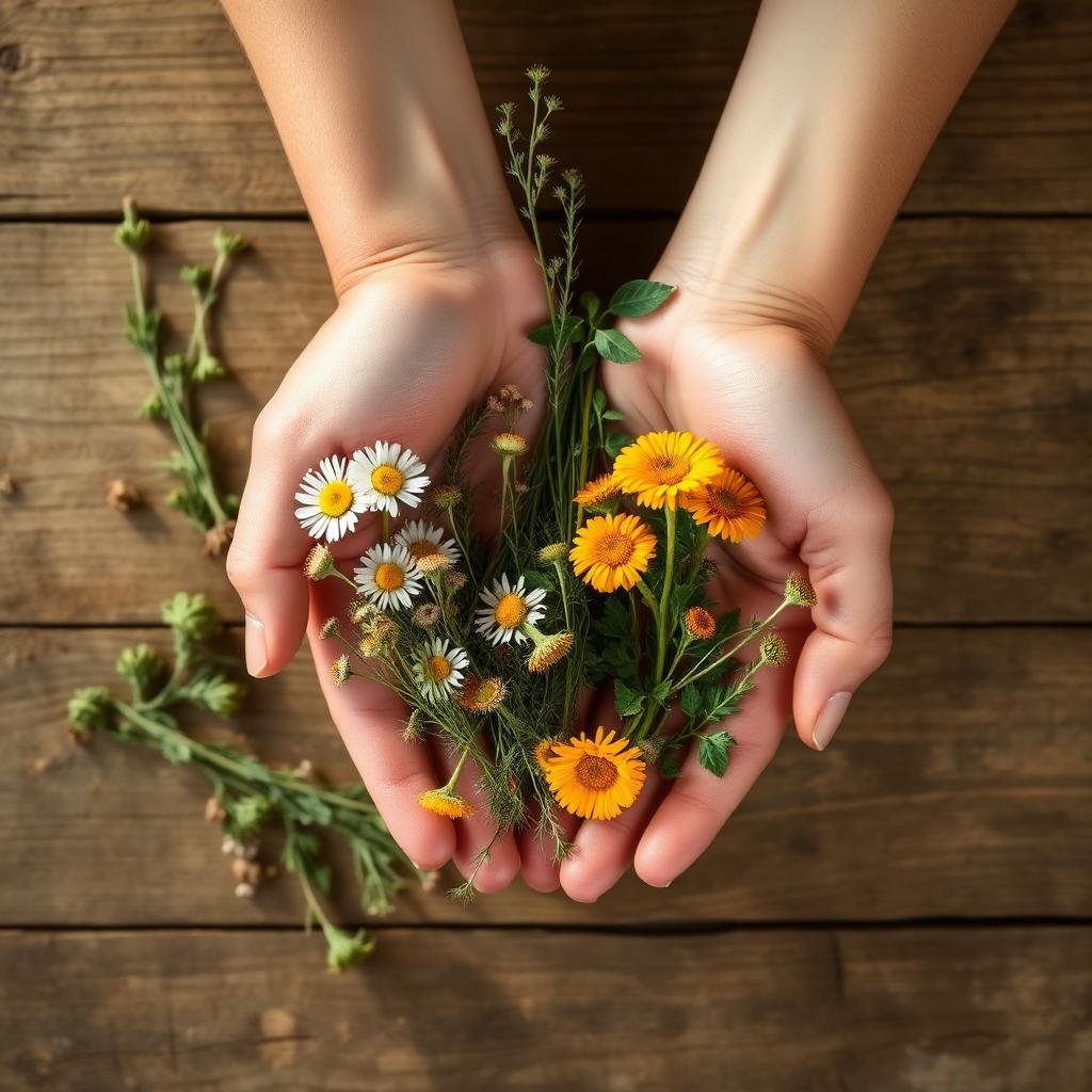 Hands holding a variety of small wildflowers including daisies and calendula, with additional flowers and foliage on a wooden surface.