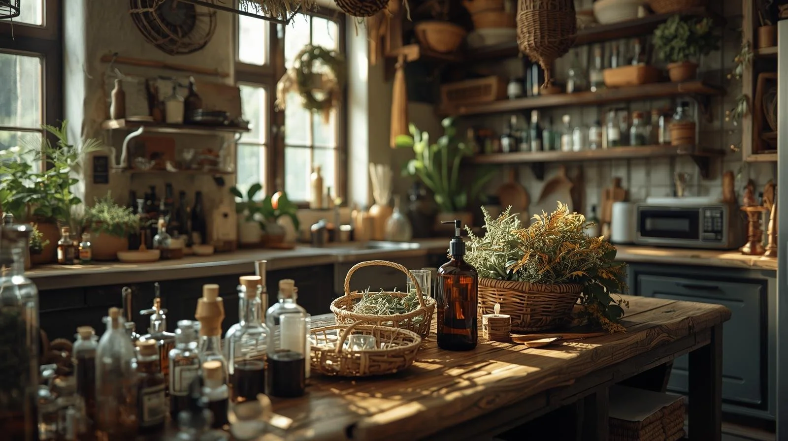 A rustic kitchen with a wooden island, plants, and various bottles and jars. Sunlight streams through the windows, creating a warm atmosphere.