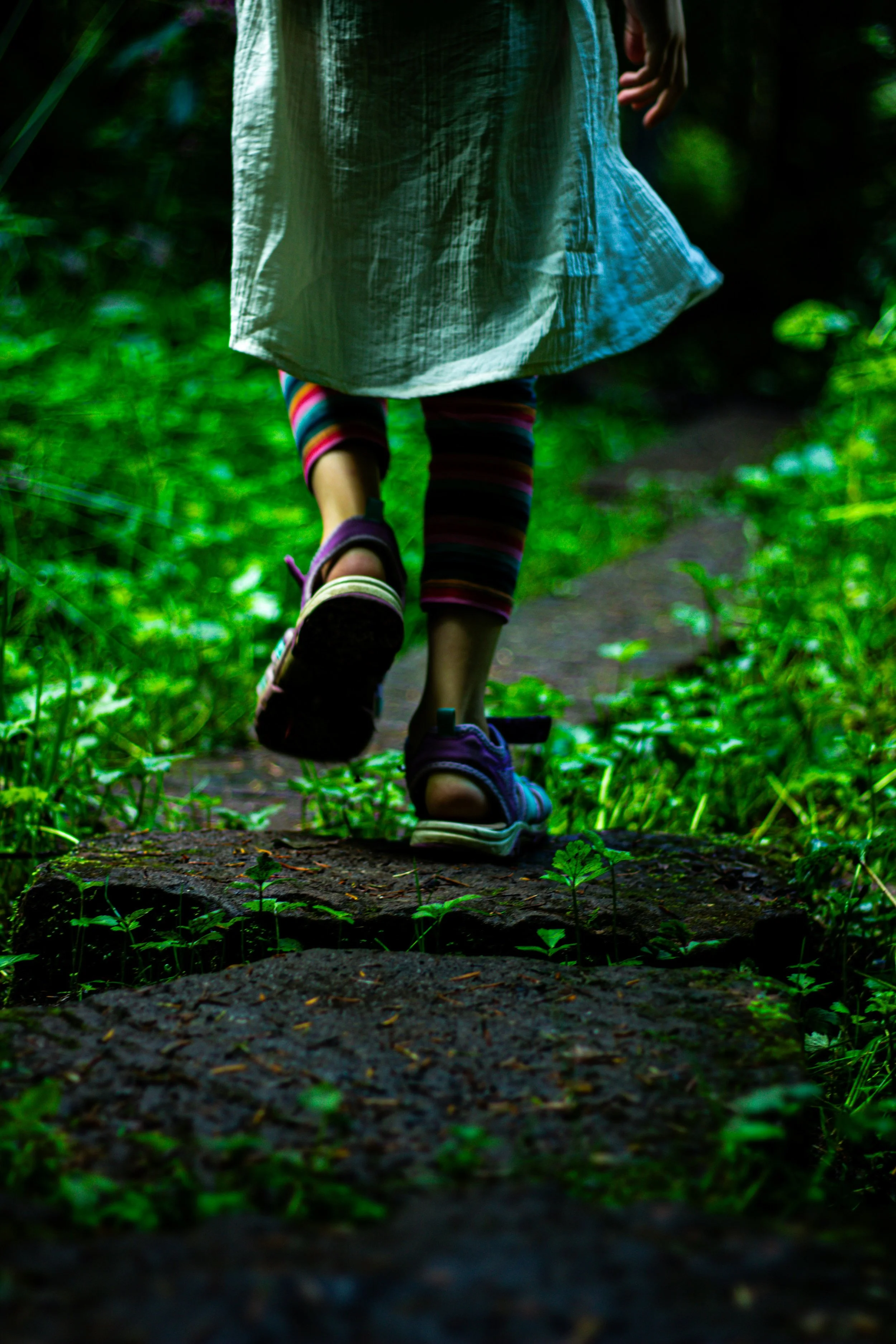 Child walking on a forest trail wearing a dress and striped leggings, with only the legs and part of the dress visible.