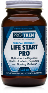 Bottle of ProTren Life Start Pro dietary supplement, clinical strength, 1.25 oz, for digestive health in infants, expecting and nursing mothers.