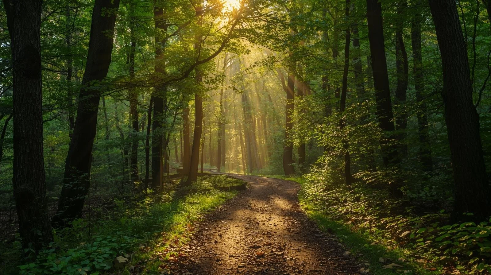 A forest trail illuminated by sunlight streaming through tall trees.