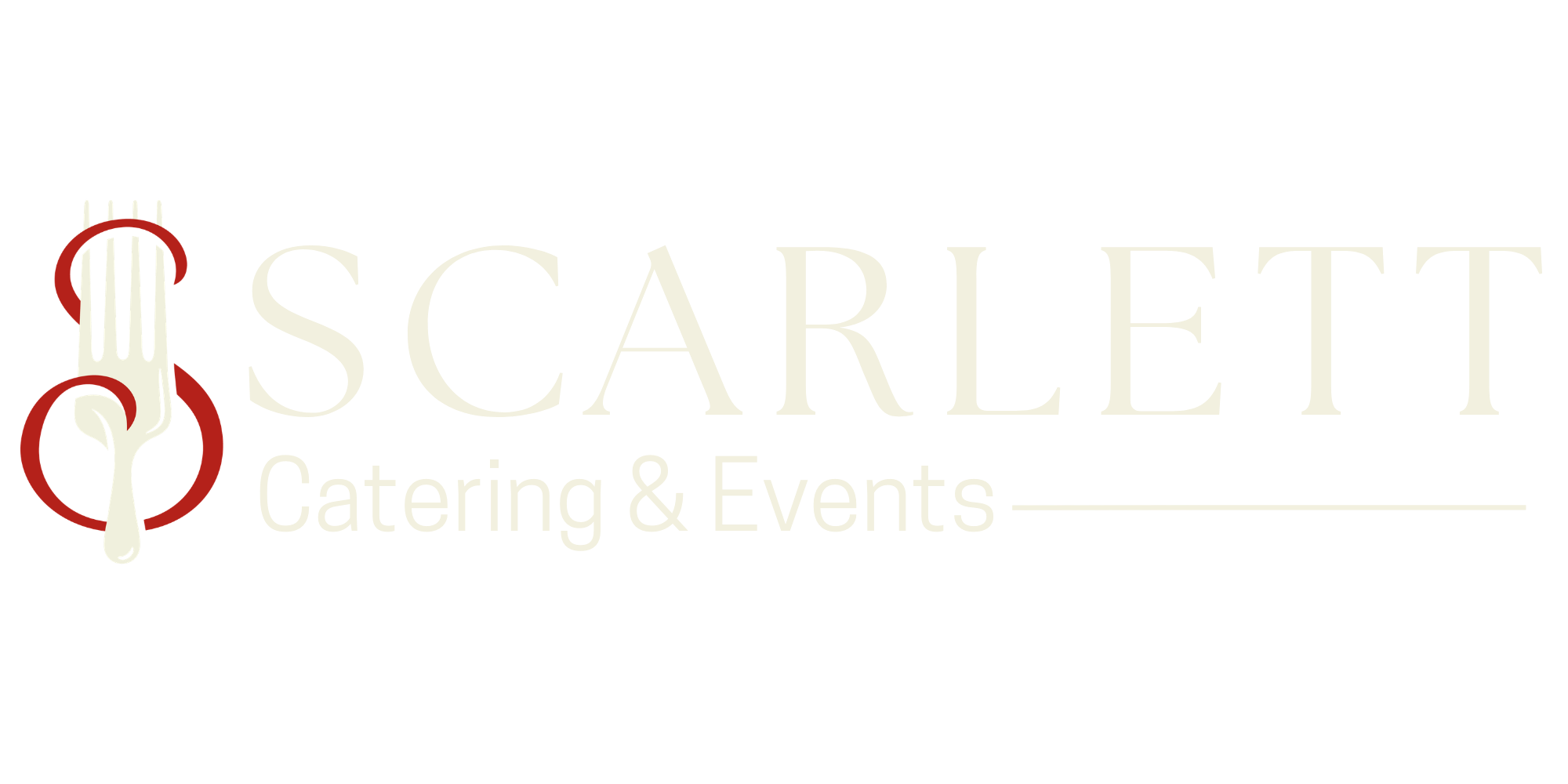 Logo for Scarlet Catering & Events featuring a stylized fork with red "S" and the text 'Scarlet Catering & Events' on a black background.