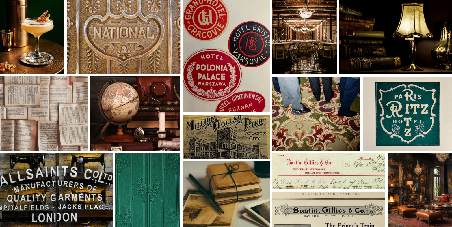 A collage of vintage-style travel and hotel decor, including signs for various European hotels, a dimly lit lounge with classical furniture, old books, a globe, a stack of vintage papers with a pen, and decorative lighting, evoking an antique and nostalgic atmosphere.