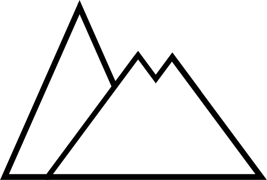 Black and white silhouette of three mountain peaks.