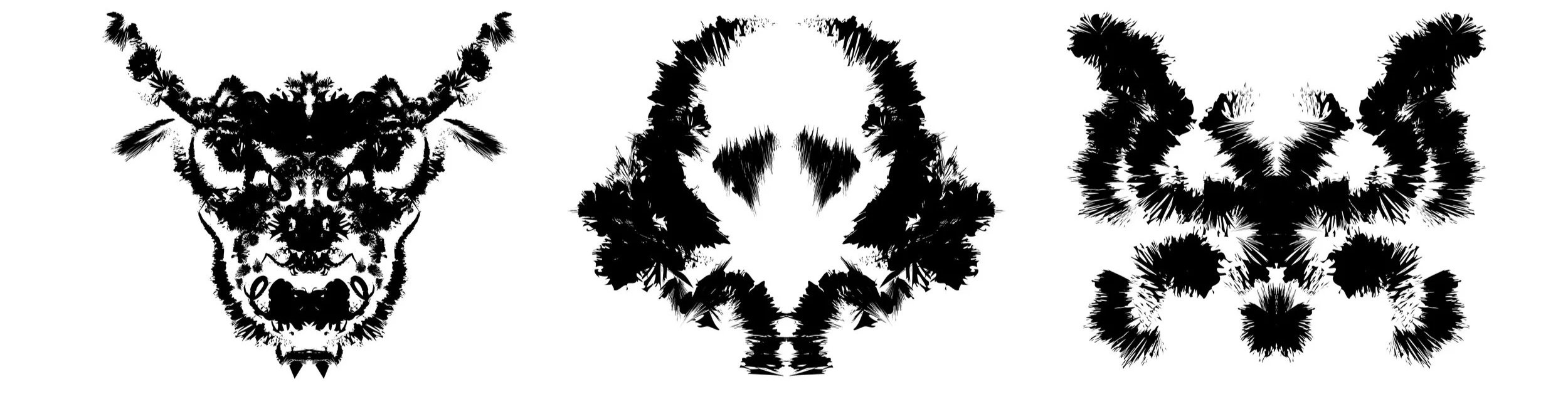 Scheinbilder - Three black and white symmetrical animal face illustrations. The left resembles a deer's face with detailed features, the middle is an owl's face with round eyes, and the right resembles a wolf's face with sharp features.