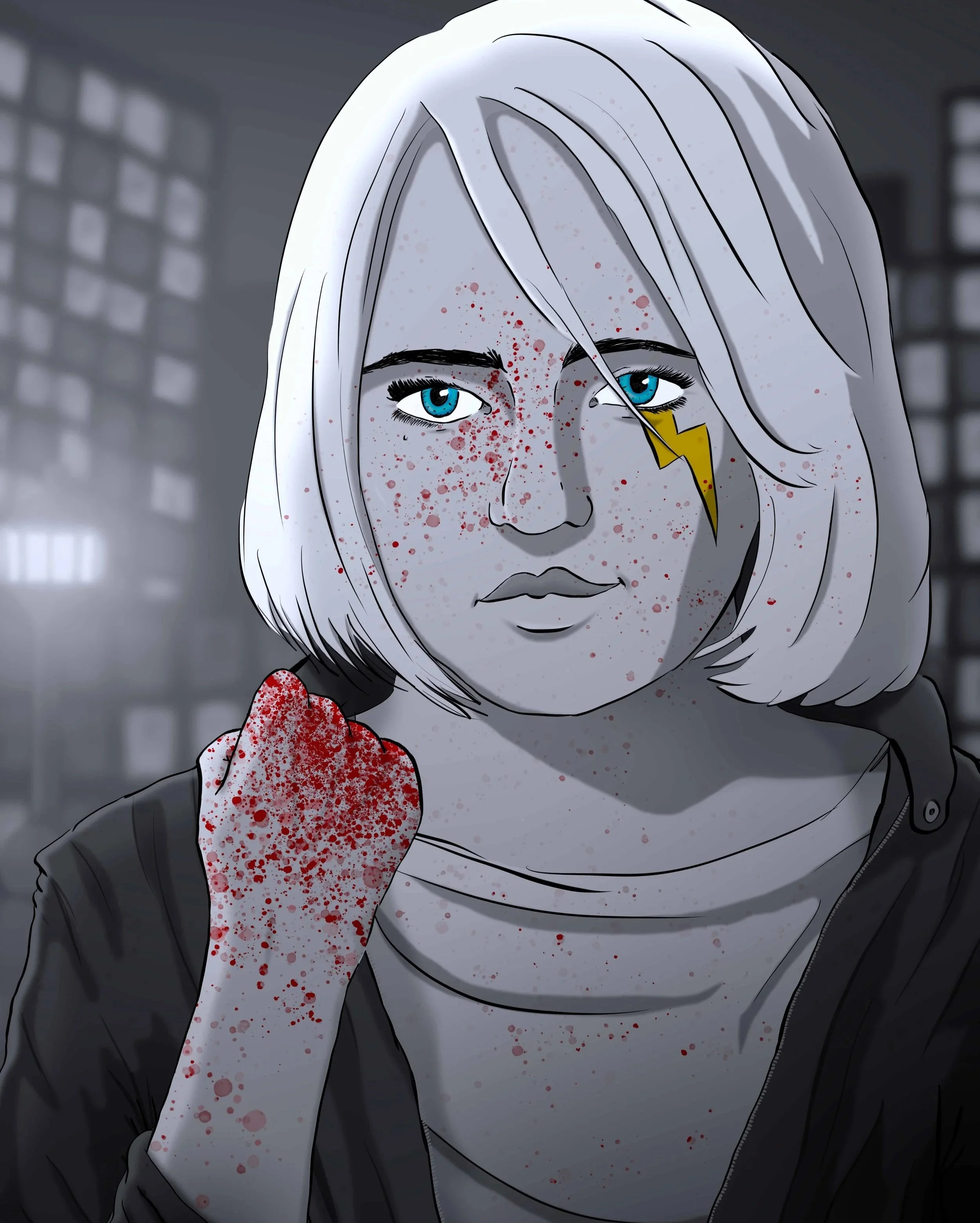 Alexia Blitz - A female anti-hero with white hair and blue eyes is shown with blood splattered on her face and hand, holding a bloody cloth, in a dark, indoor setting.