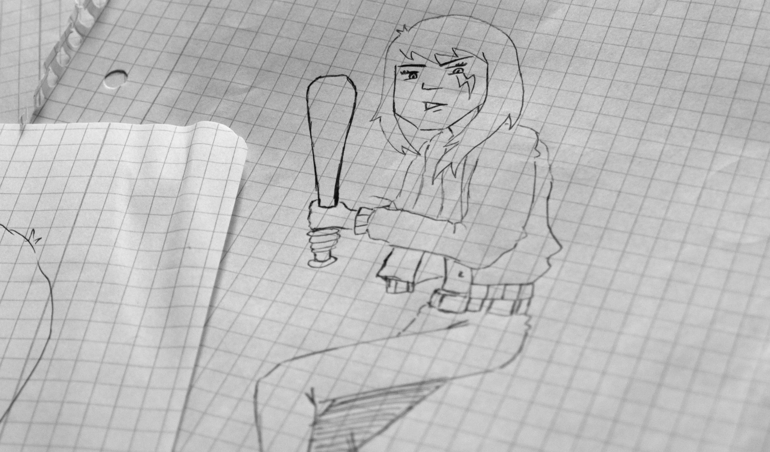 A hand-drawn sketch of a cartoon girl with a confident expression, holding a baseball bat, on a sheet of graph paper: Alexia Blitz comic book - in development!