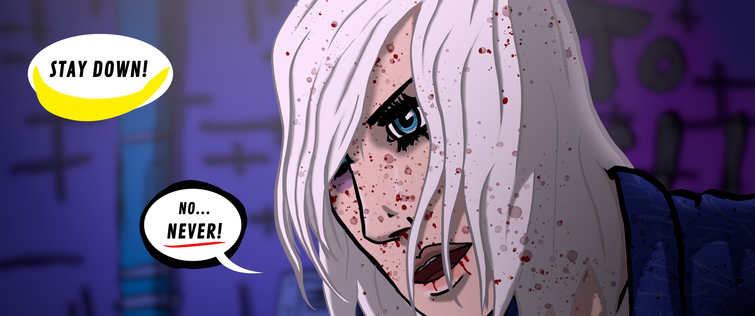A comic-style illustration of Alexia Blitz, a woman with long white hair splattered with blood, speaking with a speech bubble that says 'STAY DOWN!' and another that says 'NO... NEVER!'. The background is a city scene with purple and blue tones.