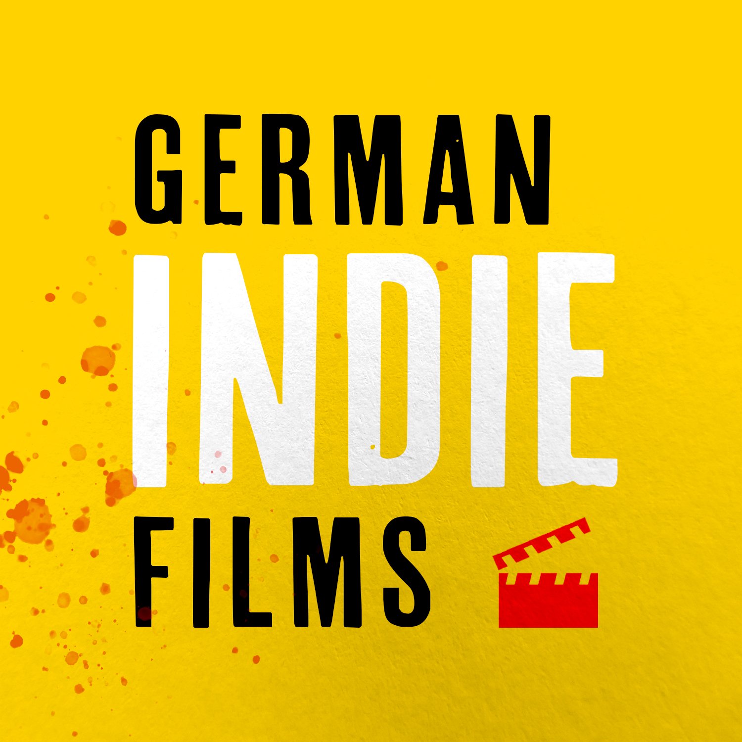Yellow poster with black and white text reading 'German Indie Films' and a red clapperboard icon.