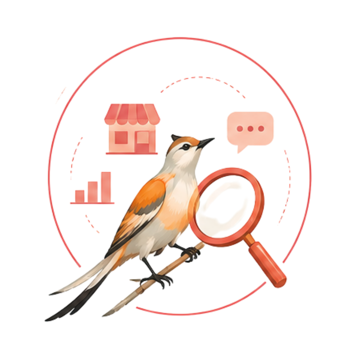 Illustration of a bird holding a magnifying glass, with a speech bubble, a store icon, and a bar chart in the background.