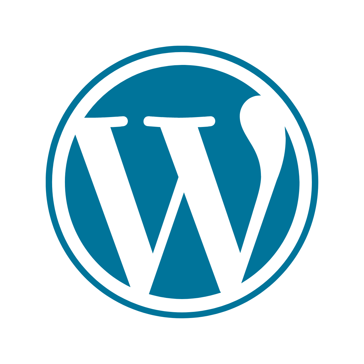 WordPress logo with a blue circle background and black lettering.