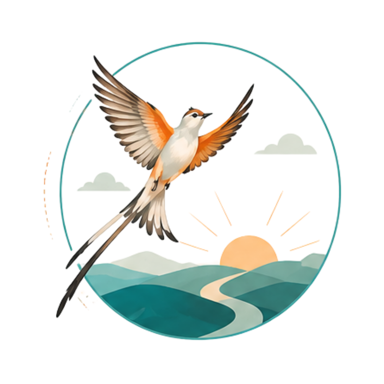 Illustration of a bird flying over a landscape with mountains, a river, and a setting sun, enclosed in a circular frame.