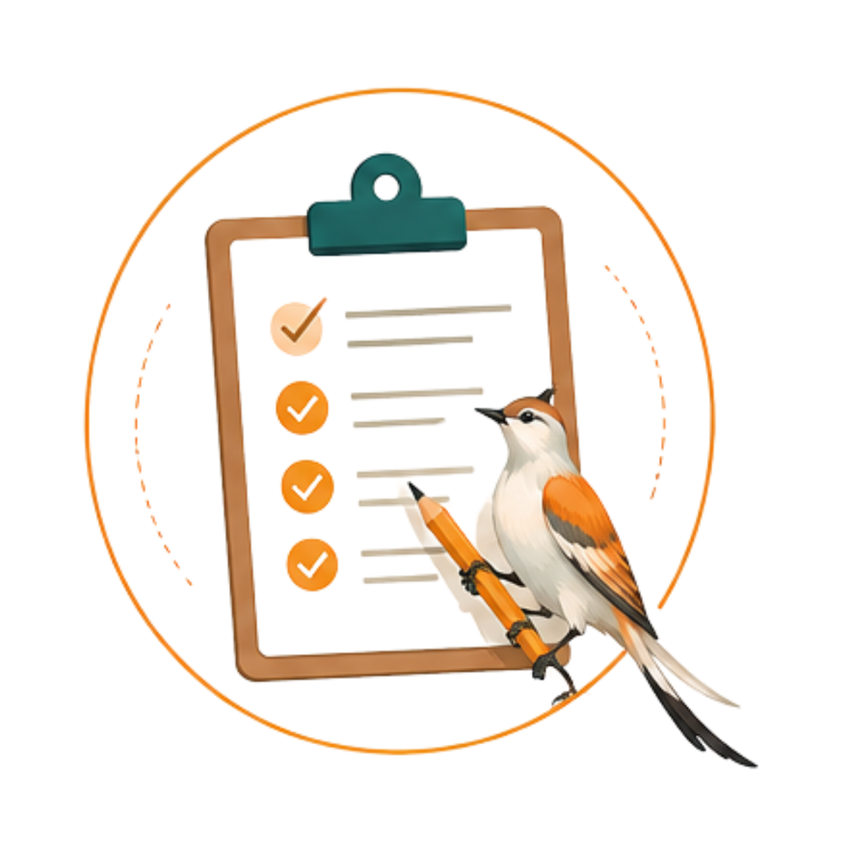 A bird holding a pencil perched on a clipboard with a checklist and checkmarks, surrounded by a circular border.