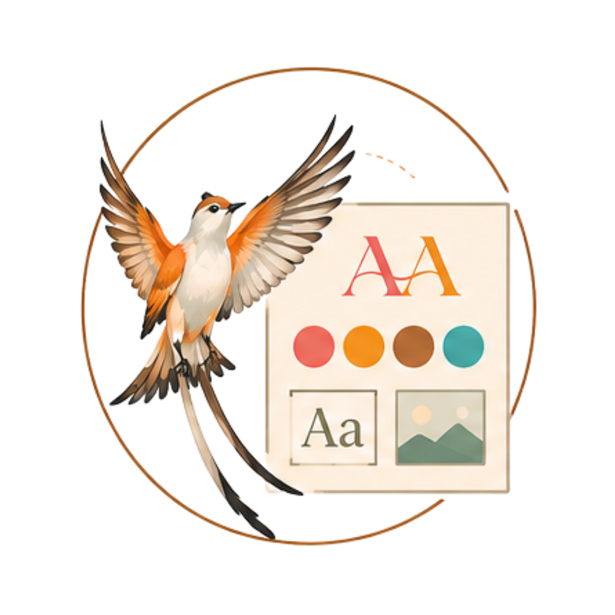 A logo featuring a bird with outstretched wings, stylized text 'AA,' colored circles, and icons of text and a mountain landscape.