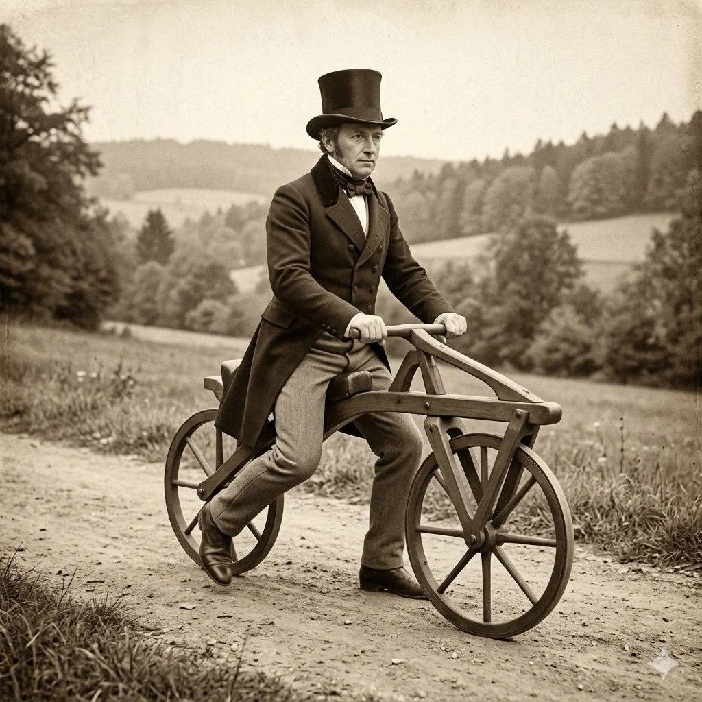 Vom Holzgestell zum High-Tech-Bike: Die Evolution des Fahrrads! 🚲✨
Wisch dich durch die Geschichte eines der genialsten Fortbewegungsmittel der Menschheit. Welches Design h&auml;ttest du am liebsten ausprobiert? 👇
1️⃣ 1817 &ndash; Die Laufmaschine: