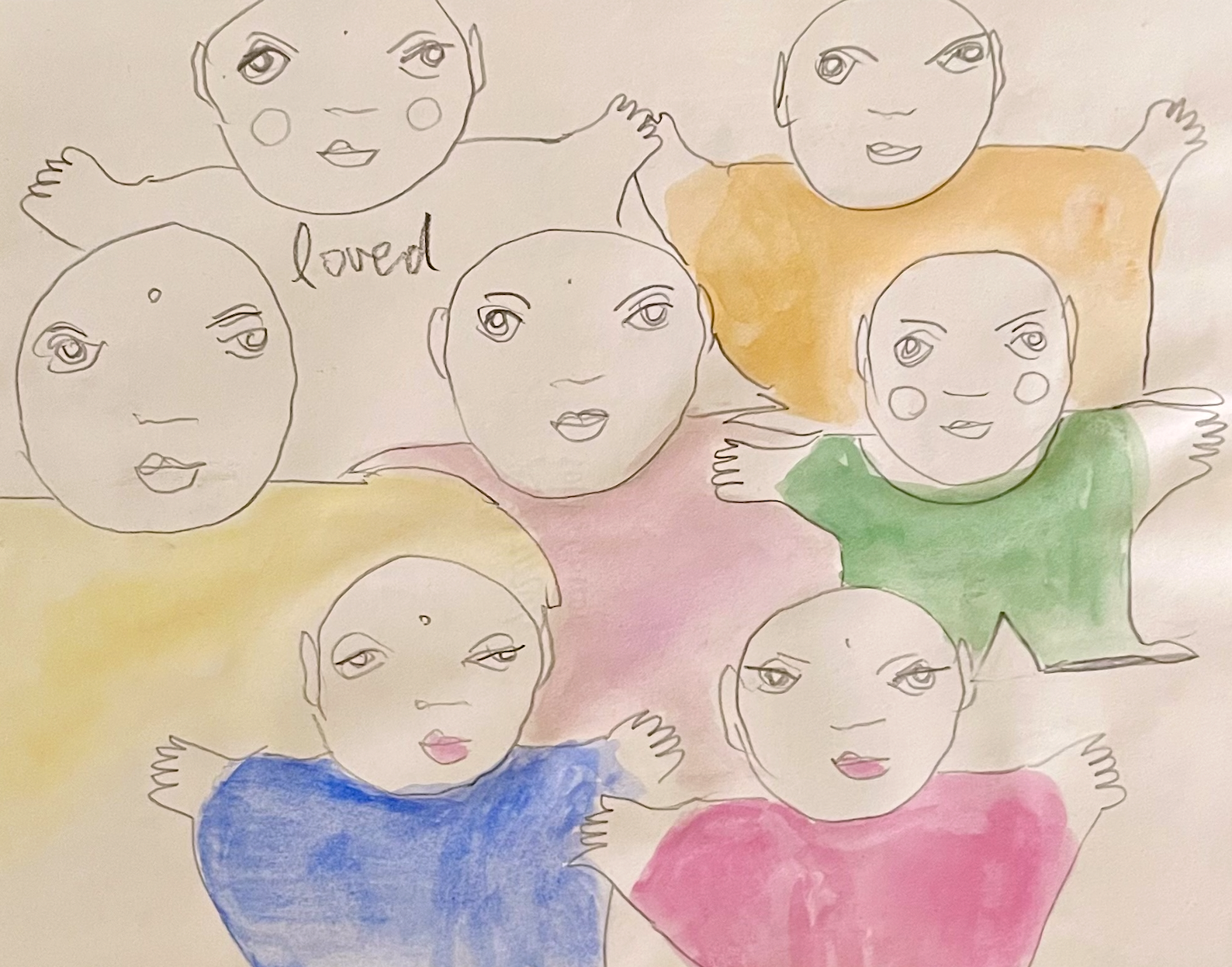 A colorful drawing of eight children with different skin tones, wearing brightly colored shirts, with some children raising their arms and smiling.
