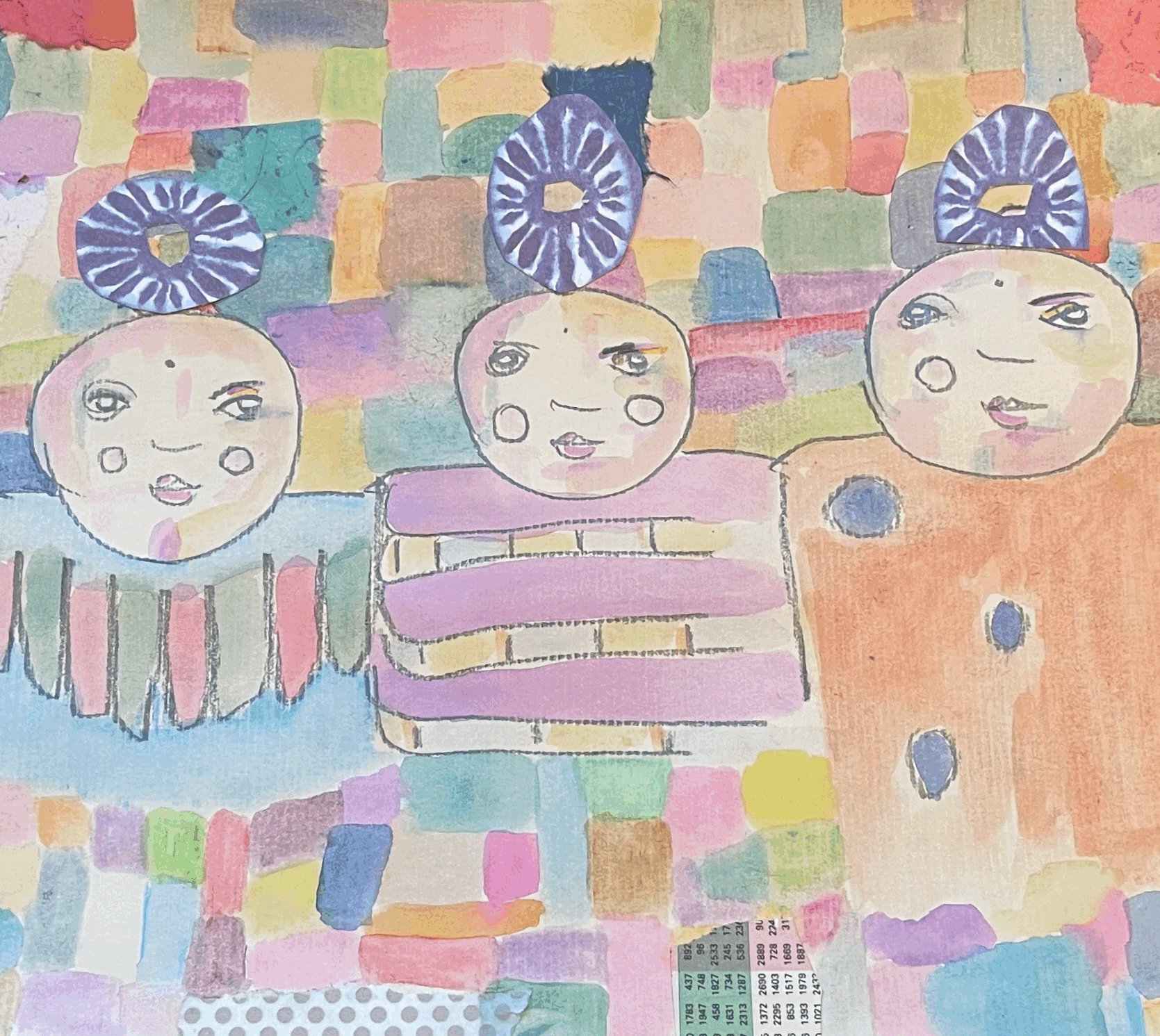 Watercolor painting featuring three children with round faces, rosy cheeks, and expressive eyes, wearing distinctively patterned clothing and headgear, set against a colorful patchwork background.