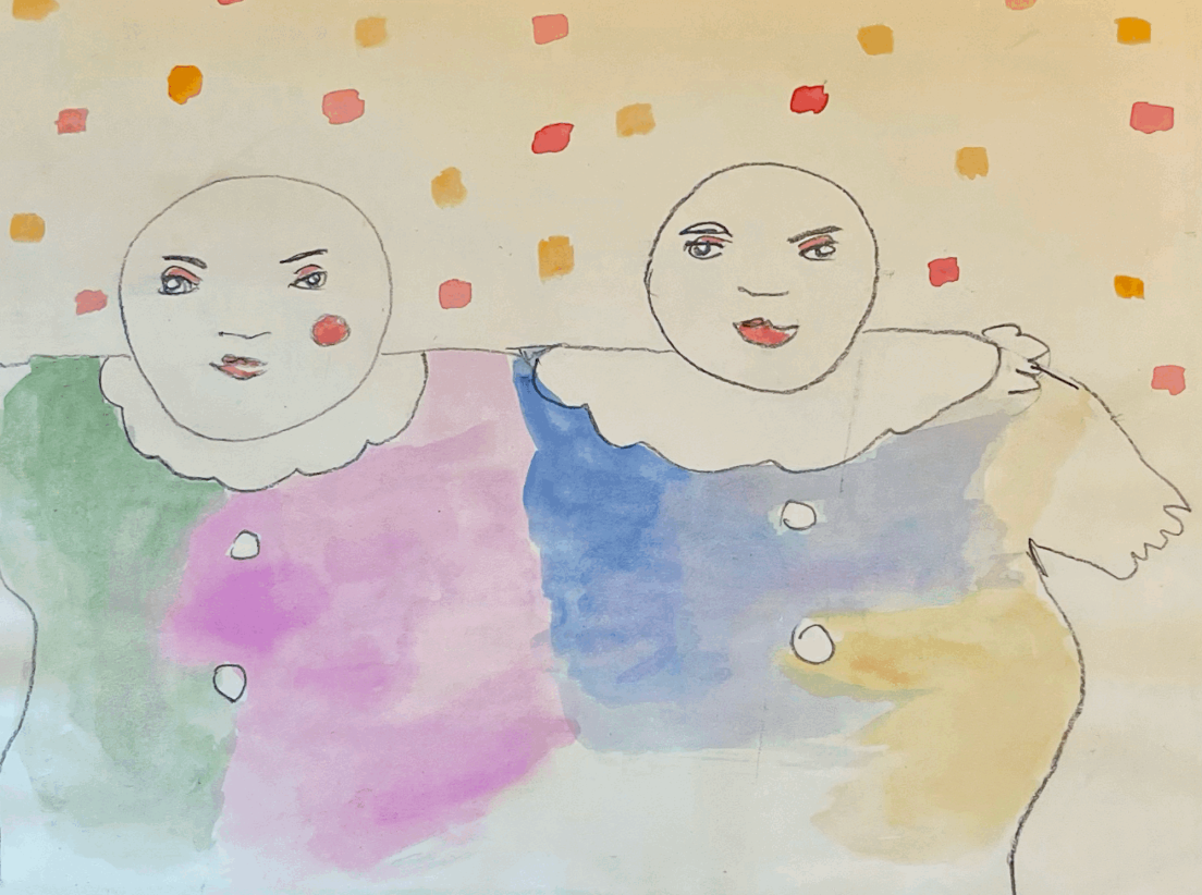 Colorful watercolor painting of two clown faces with large, round heads, painted details for eyes, noses, and mouths, and colorful costumes, against a background of scattered red, orange, and pink square shapes.