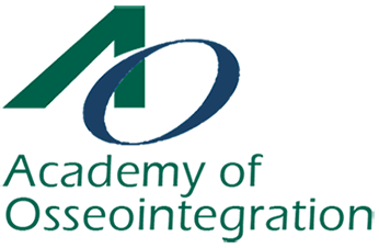 Logo of the Academy of Osseointegration featuring a stylized upward arrow and a circular shape with the organization's name.