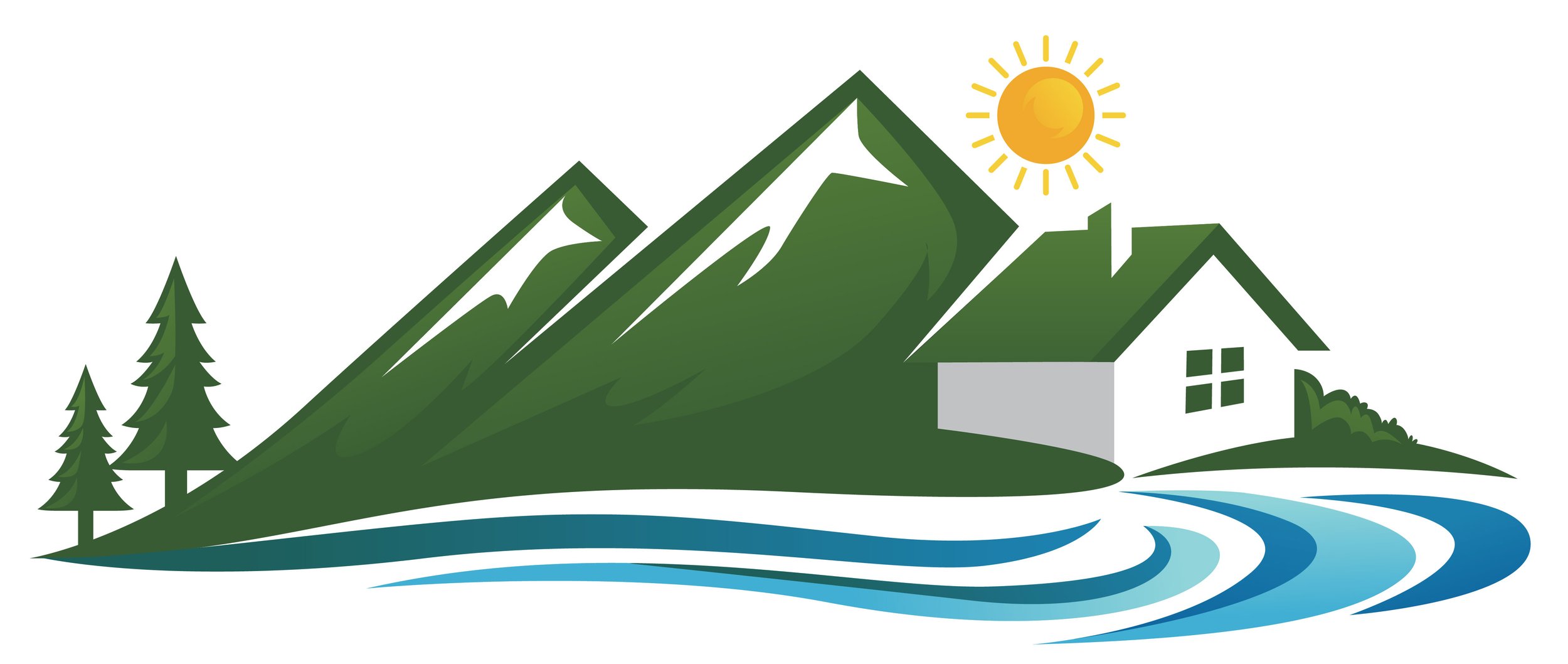 Illustration of a house near a river with mountains, trees, and the sun in the background. SLOCal Home and Handyman Services logo