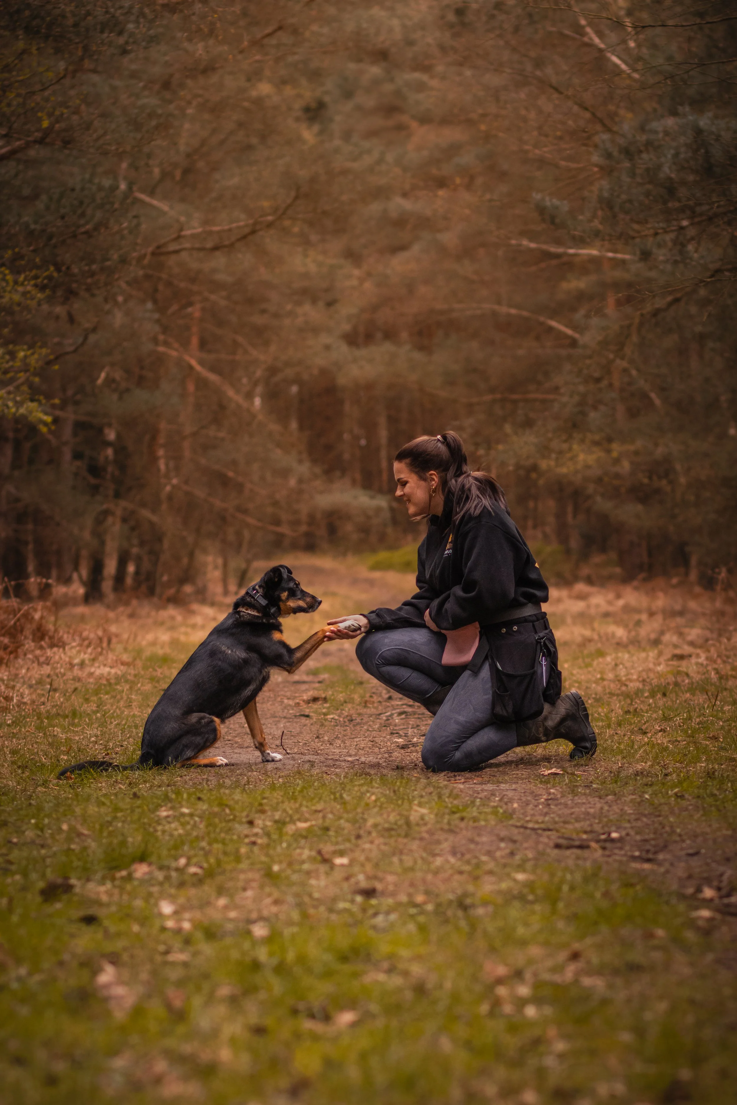 A woman in a black jacket kneels on a dirt path in a wooded area, shaking paws with a black and brown dog.