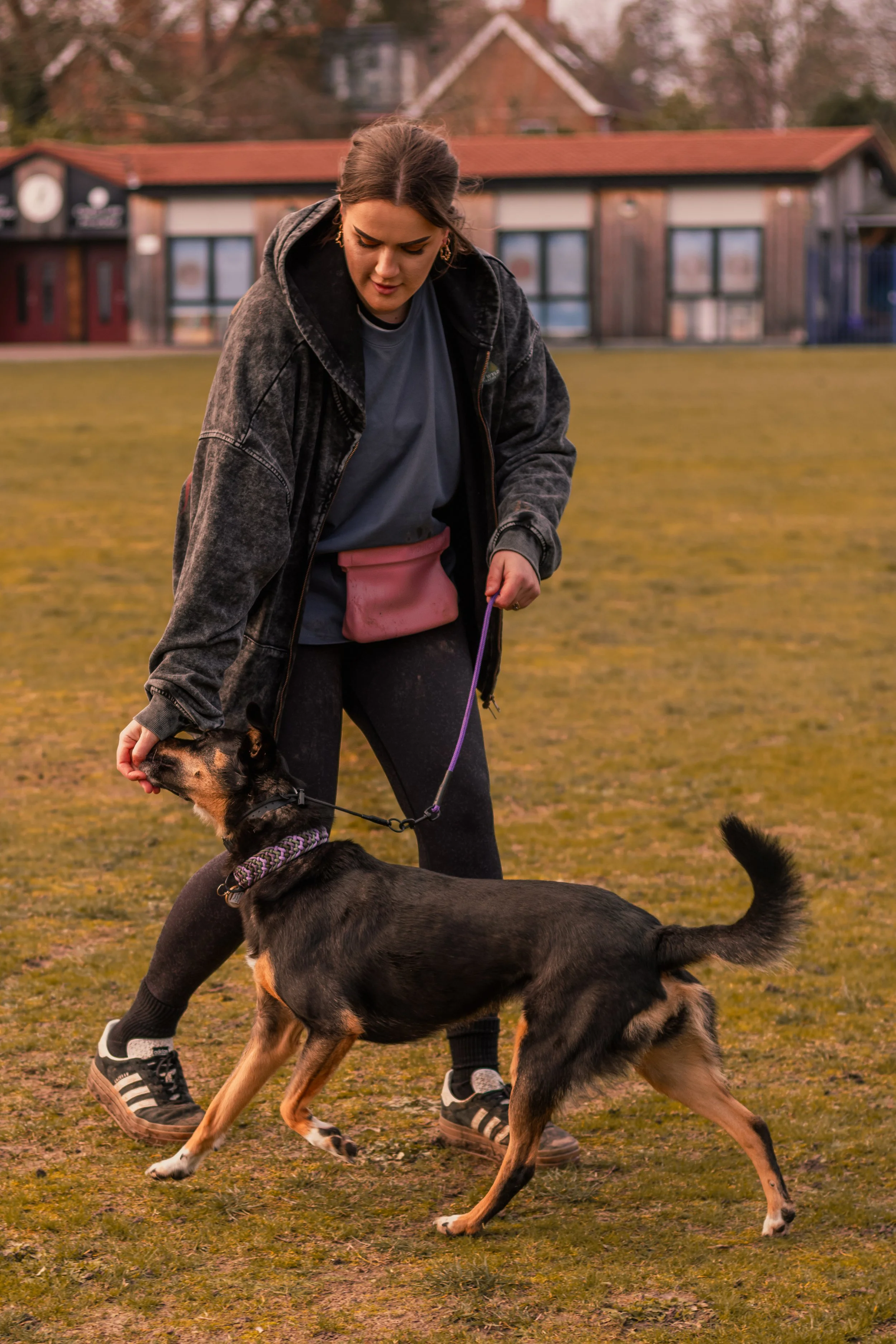 A young woman in casual clothing is engaging with her dog during outdoor training, with a grassy field and a building in the background.