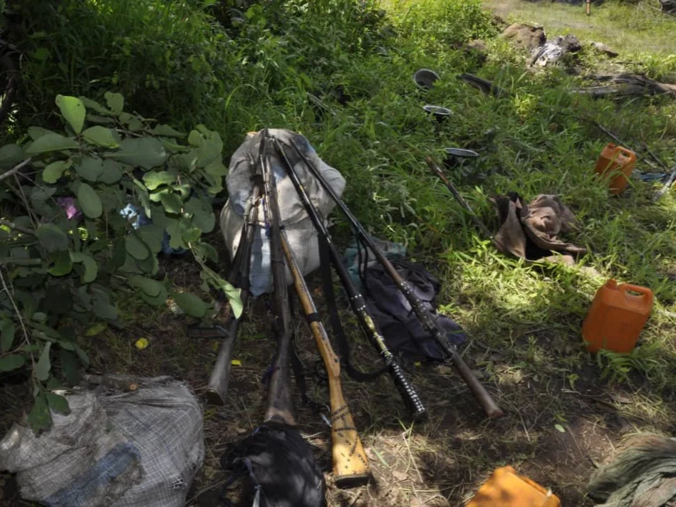 Several hunting rifles and gun cases rest on the ground among green grass and bushes, with orange water containers and some clothing nearby in an outdoor setting.