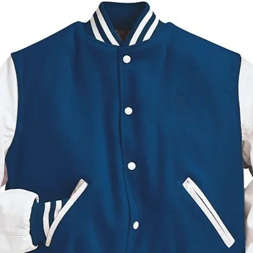 Blue varsity jacket with white accents, including white striped collar and white pocket trims.