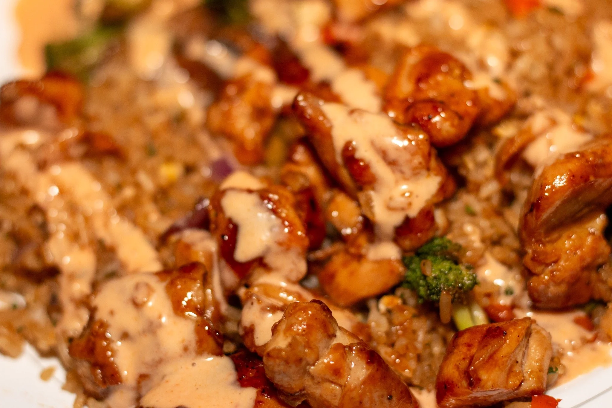 Close-up of chicken pieces covered in creamy sauce with rice and vegetables.