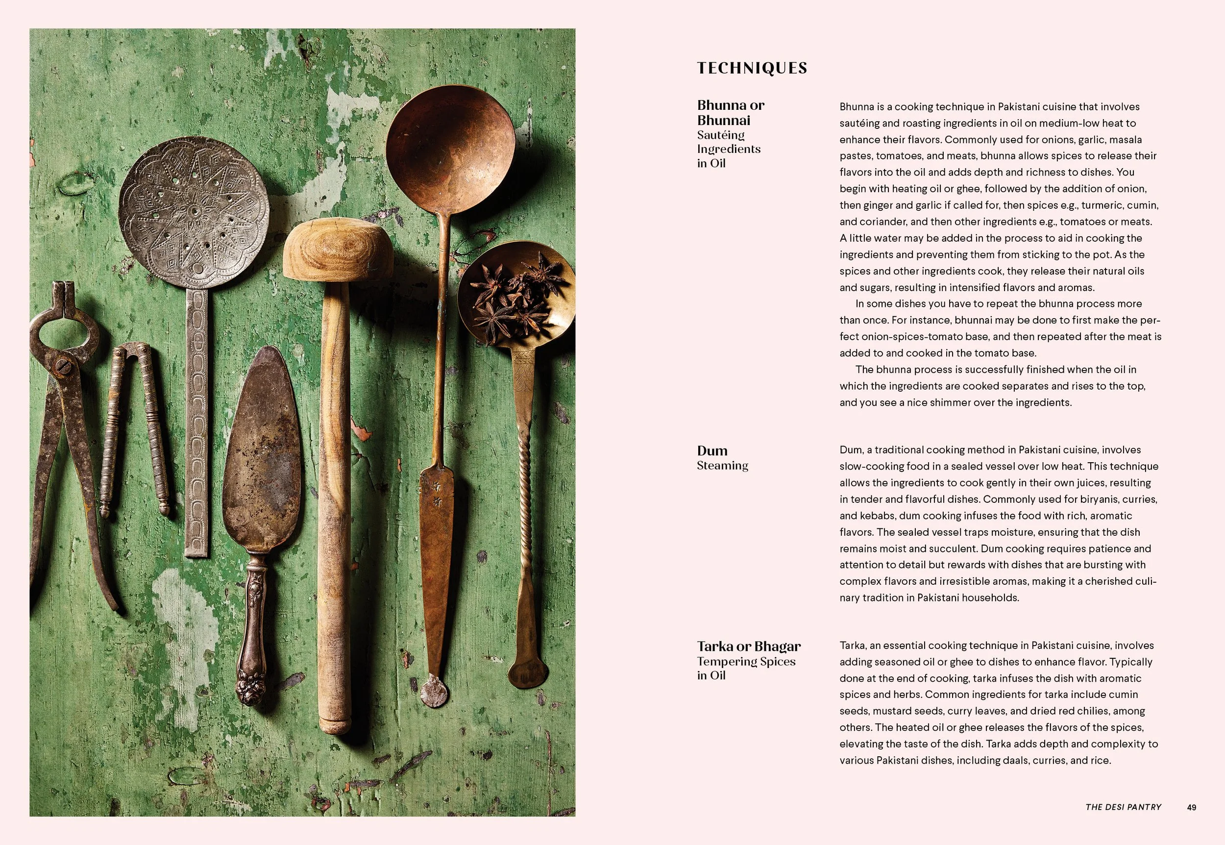 Zareen's cookbook spread with kitchen utensils, photographed by Neetu Laddha