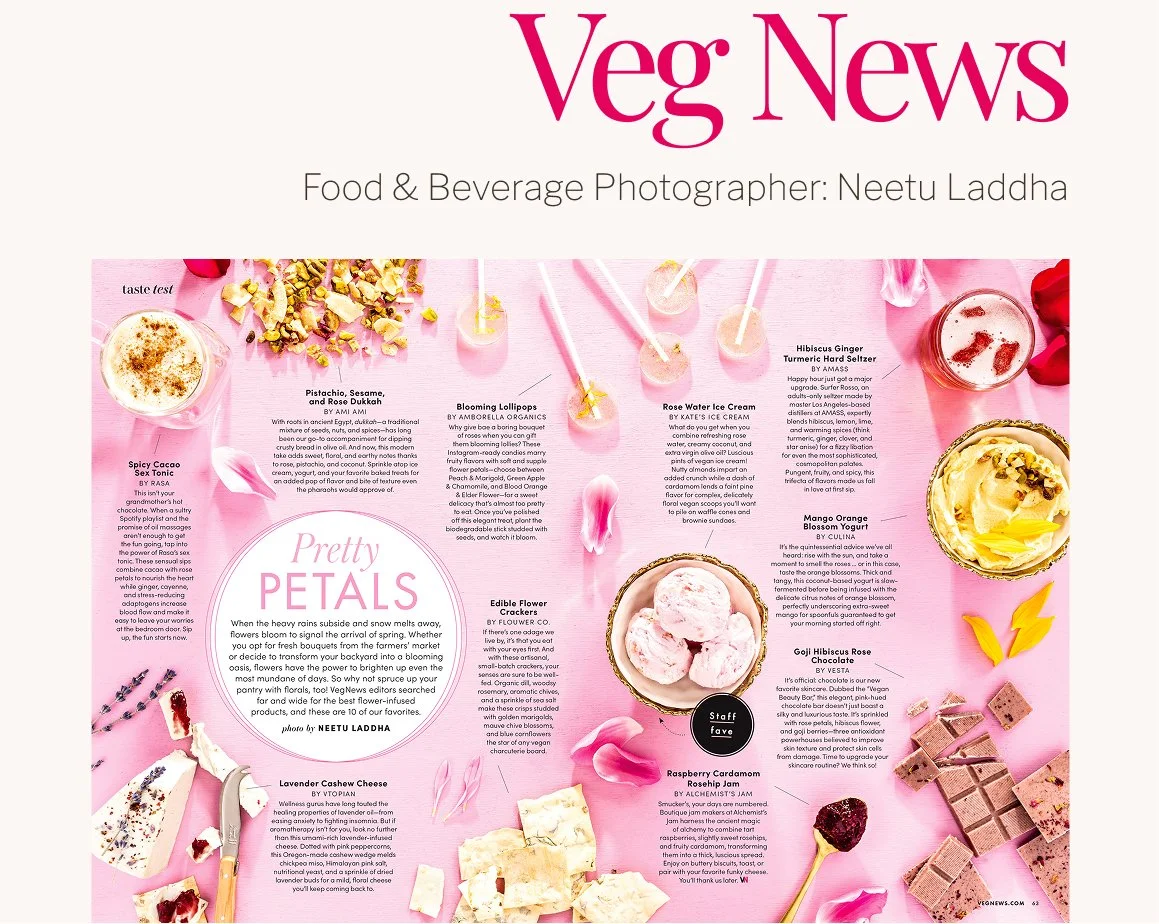 Floral food spread for VegNews magazine, photographed by Neetu Laddha