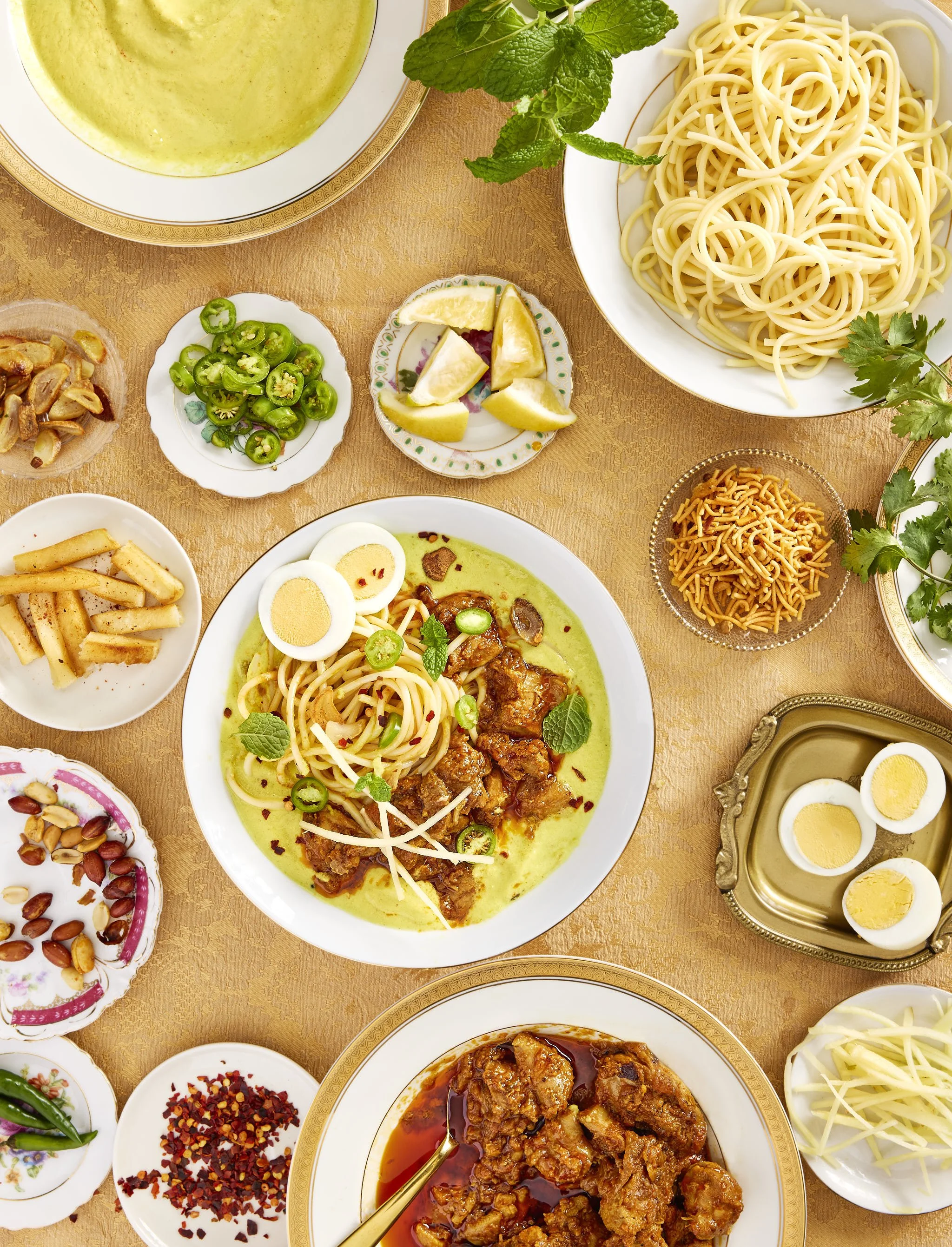 Khao Suey Spread  from Zareen’s Pakistani Kitchen cookbook, photographed by Neetu Laddha, food photographer  - San Francisco, California
