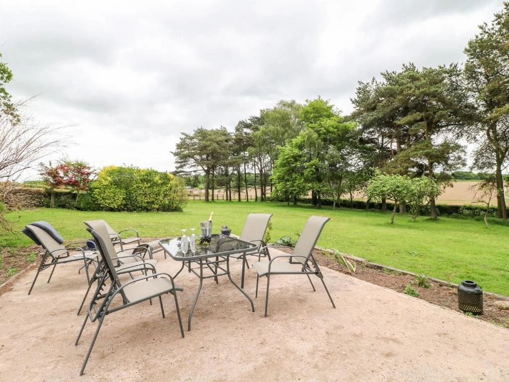 Outdoor patio with a glass table and six chairs, surrounded by a lush green lawn and trees under a cloudy sky.