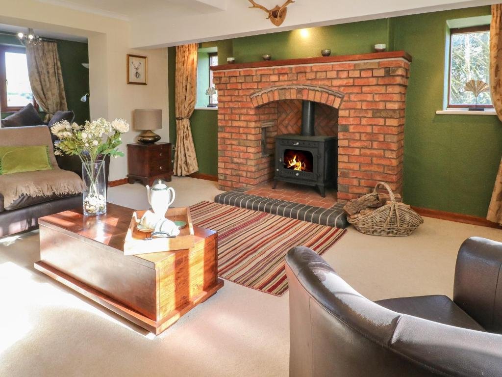 Living room with a brick fireplace, a wood stove with a fire, a green accent wall, a framed deer head, beige carpet, a wooden coffee table with a vase of flowers and teapot, a side table with a lamp, and chairs.