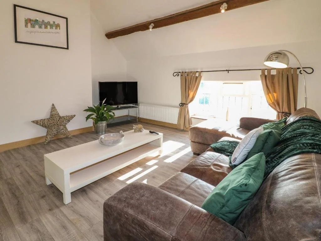 Bright living room with a brown leather sofa, green and white pillows, a white coffee table with a decorative bowl and plant, a flat-screen TV, and a window with beige curtains letting in sunlight.