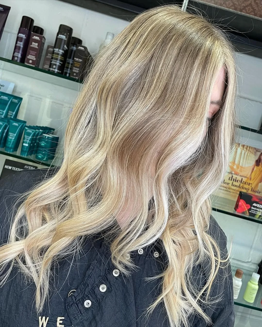 Hair styled with soft waves in salon