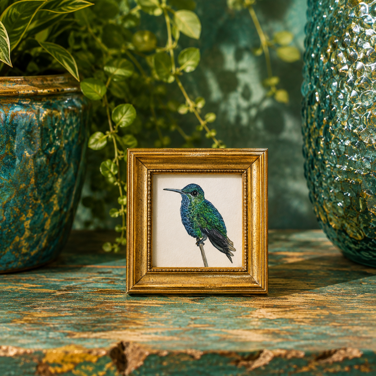 green blue emerald hummingbird mini print gold frame.png