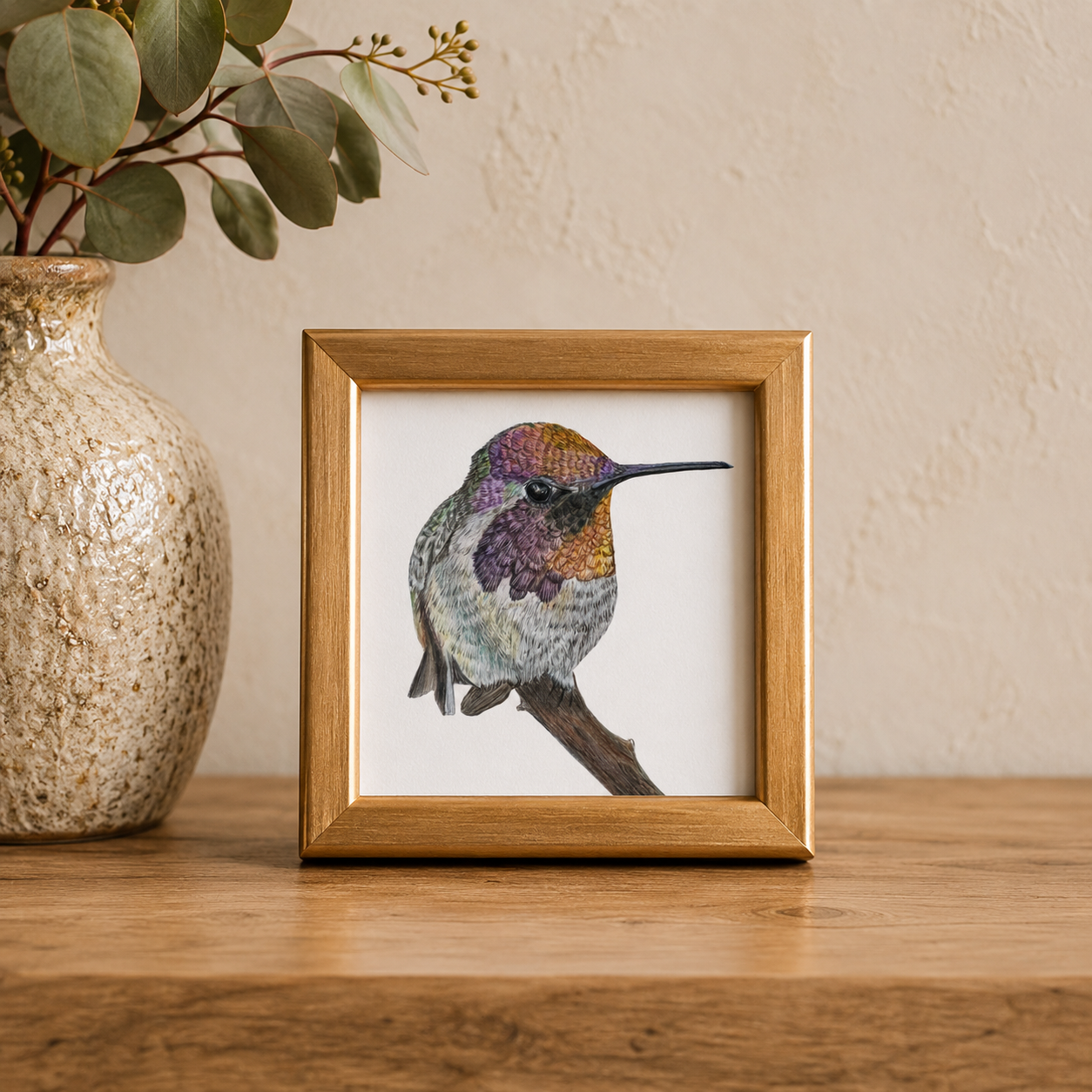 Annas HUmmingbird Art Print Framed Gold.png