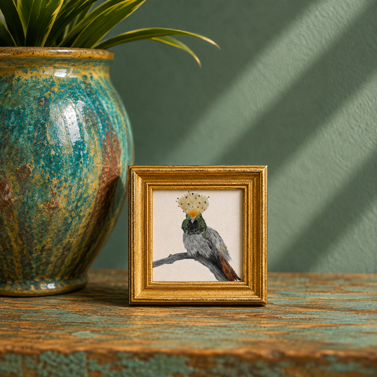 Spangled hummingbird art mini gold frame.png