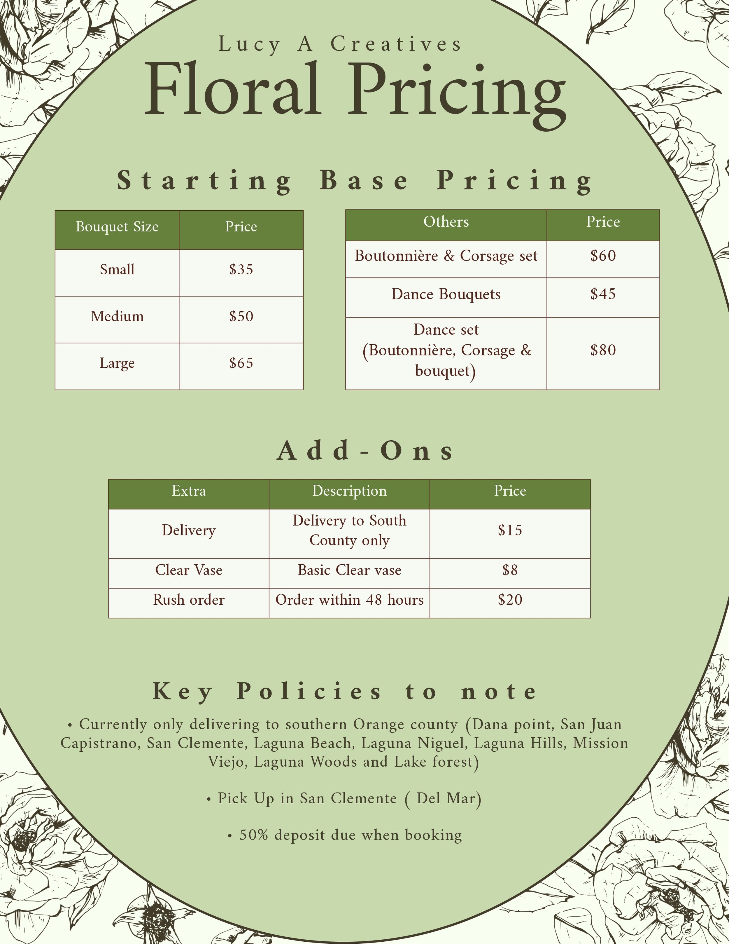 This is a flyer for Lucy A Creatives Flower Pricing. It includes pricing for different bouquet sizes, special offers like a boutonnière and corsage set, dance bouquets, and a full dance set. Additional options such as delivery, clear vase, and rush orders are listed with prices. Key policies mention delivery area, pickup location, and deposit requirements.