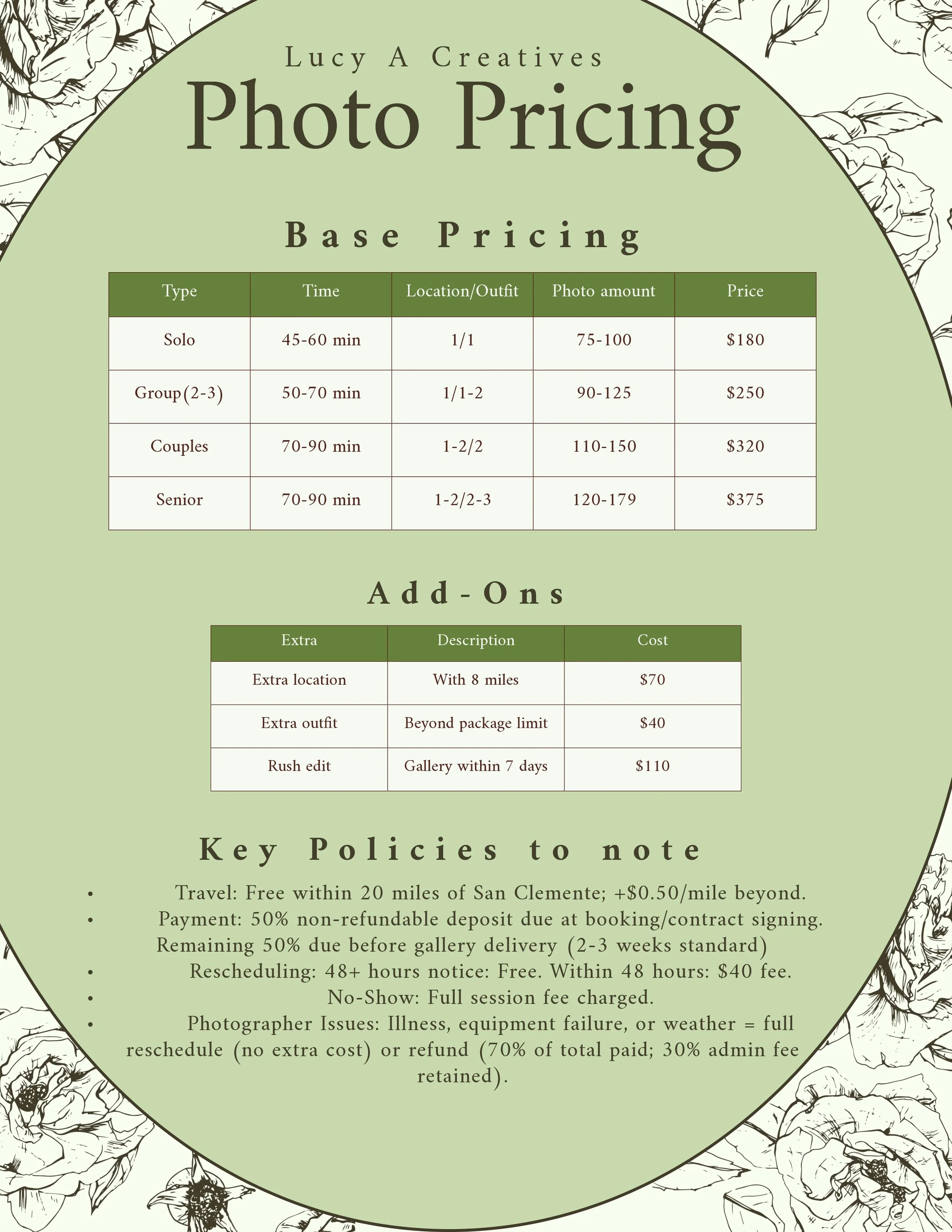 Pricing chart for photo sessions, including base prices and additional options, with policies on travel, deposits, and rescheduling.