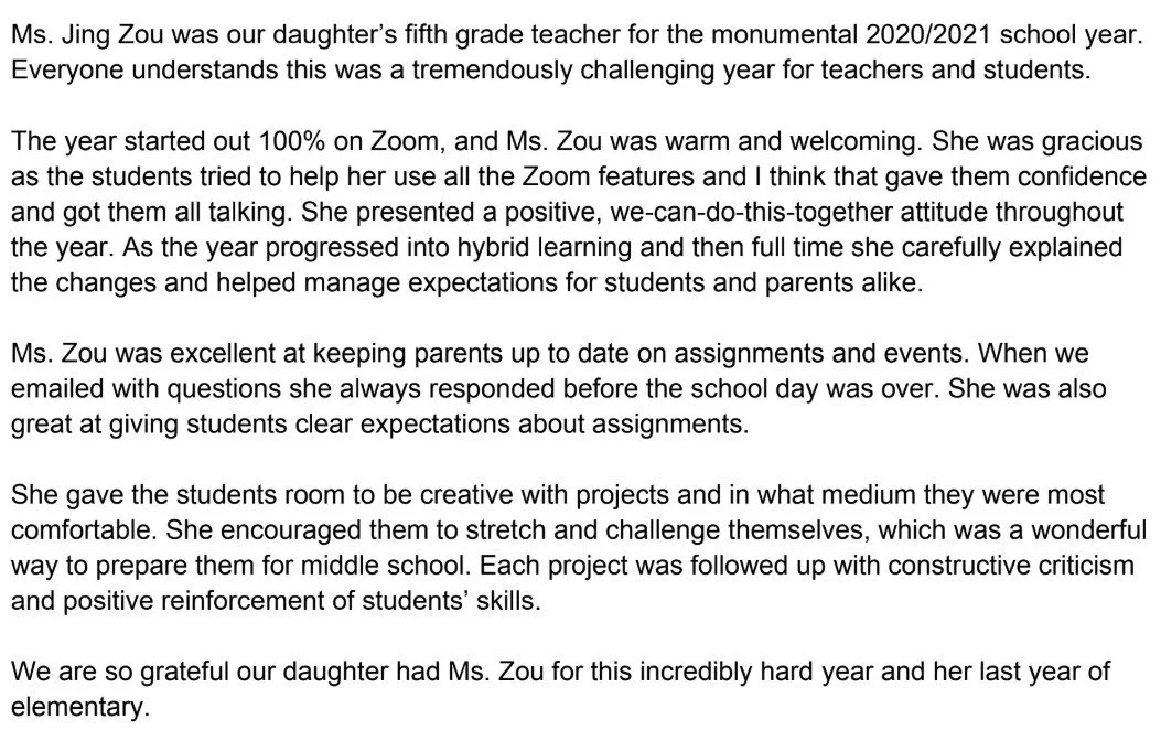 A printed testimonial praising Ms. Jing Zou's dedication as a fifth grade teacher during the 2020-2021 school year, highlighting her helpfulness, communication, encouragement, and support for students and parents amid the challenges of hybrid and online learning.