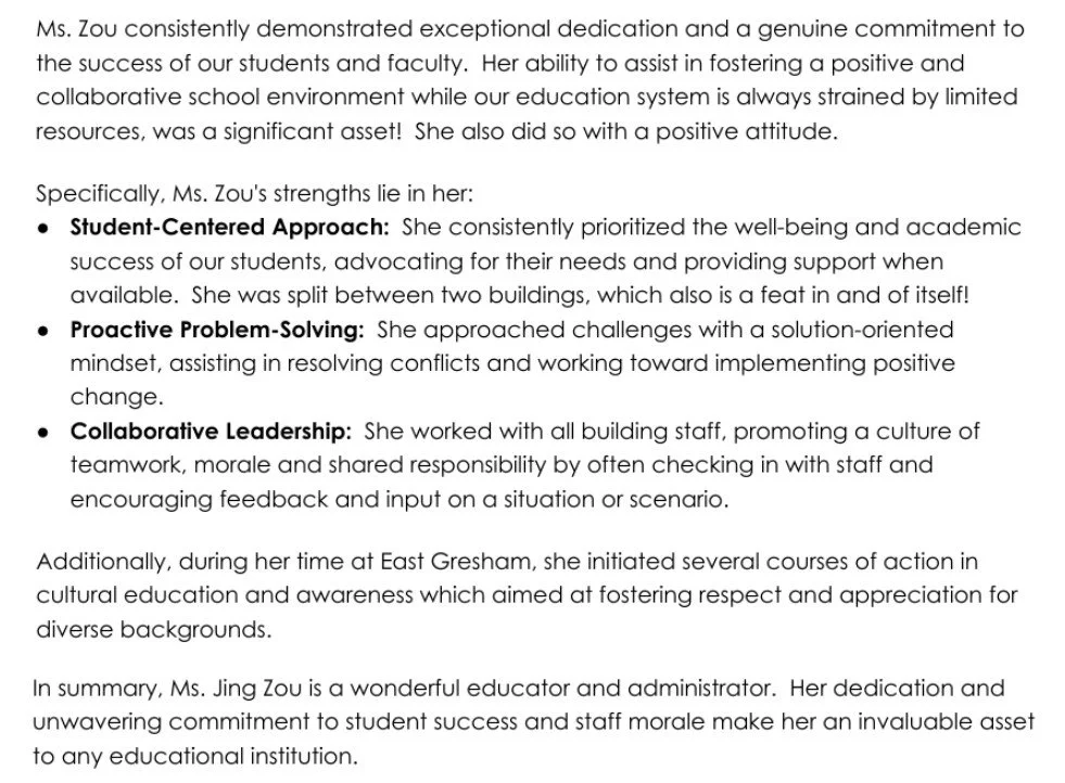 A document praising Ms. Zou's dedication, strengths in student-centered approach, proactive problem-solving, and collaborative leadership, including her initiatives in cultural education and her impact at East Gresham.