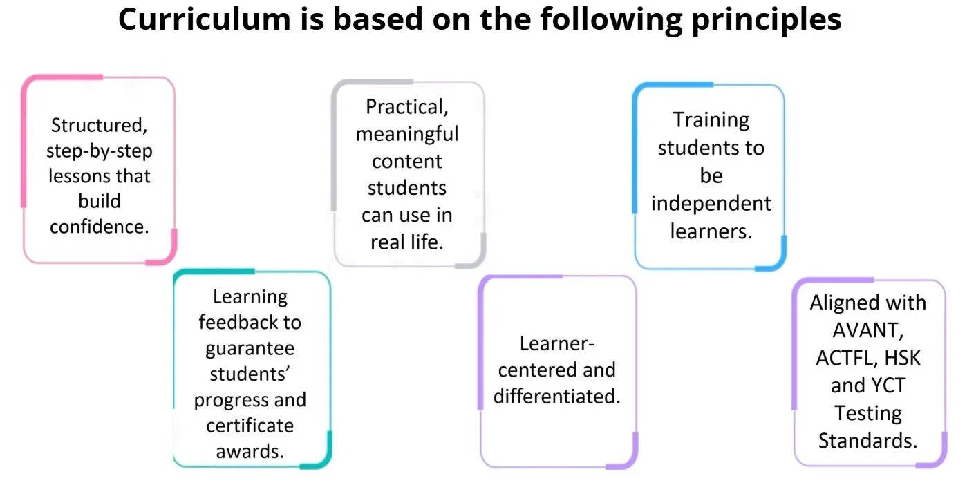 Diagram showing principles of curriculum design, including structured lessons, practical content, training for independent learning, feedback for progress, learner-centered approach, and alignment with testing standards.