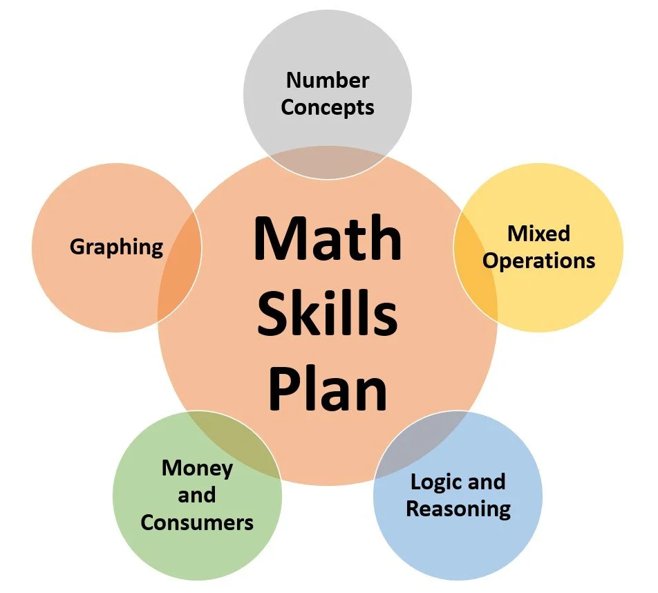 A diagram titled "Math Skills Plan" with a large central circle and six smaller surrounding circles. The central circle says "Math Skills Plan." The surrounding circles are labeled "Number Concepts," "Mixed Operations," "Logic and Reasoning," "Money and Consumers," "Graping," and an incomplete label that appears to be "Graphing."